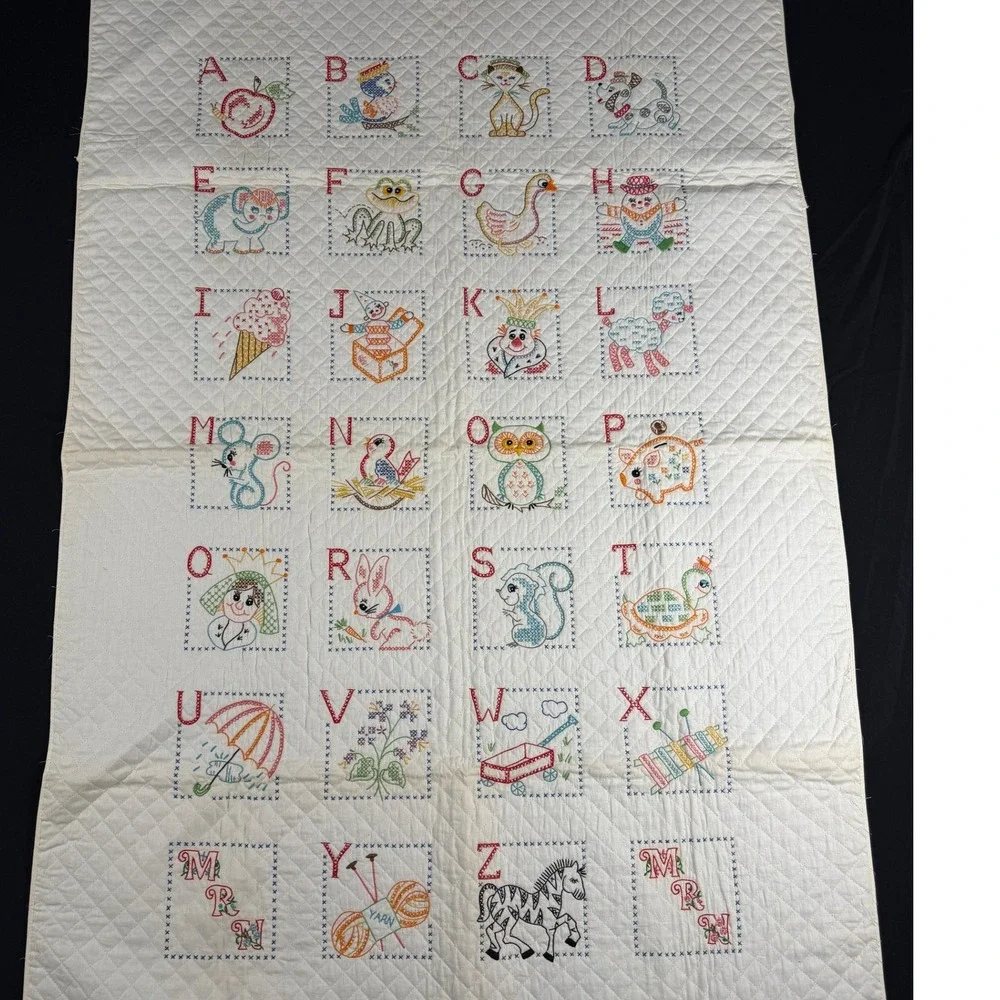 Vintage‎ Bucilla Alphabet Quilted Crib Cover and Bibs Set Hand Embroidered 70s